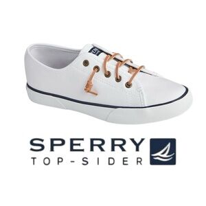 Sperry Pier View White Canvas Boat Sneakers Shoes with Leather Tan Laces
